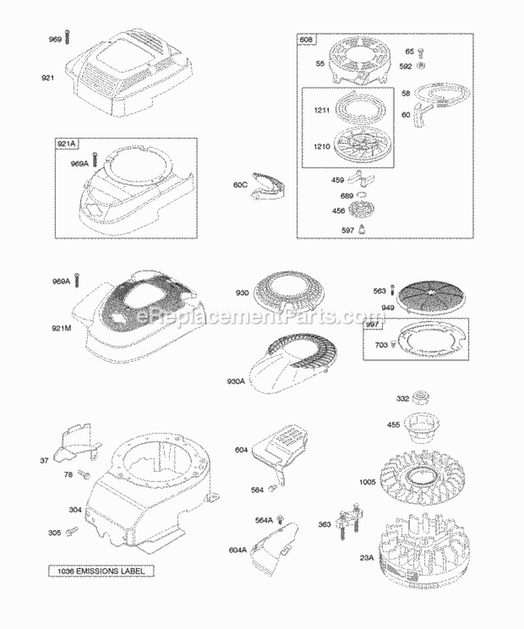 Blower HousingShrouds Flywheel Rewind Starter Diagram and Parts List for  Briggs and Stratton Engine